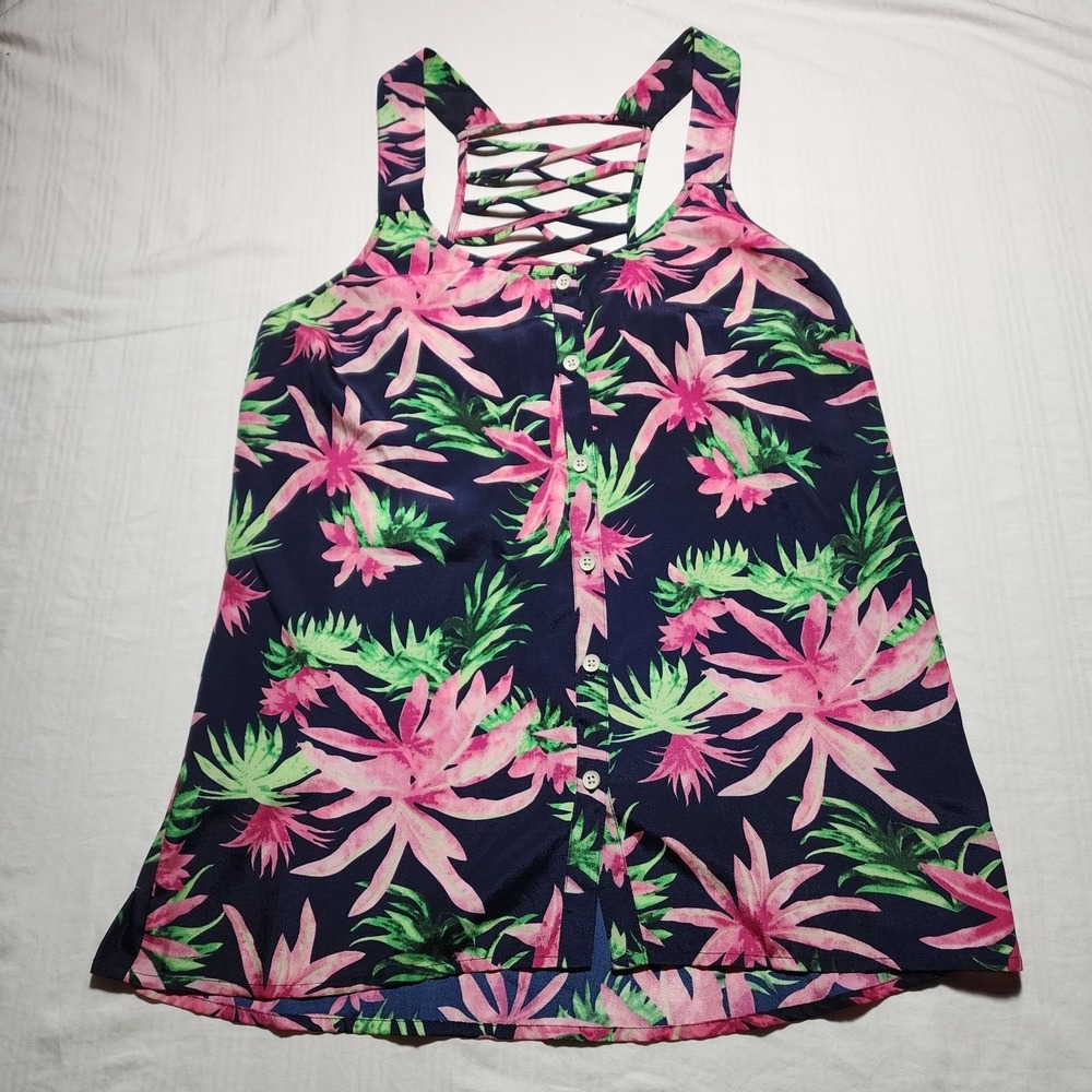 Pixley Top Women Small Blue Pink Floral Sleeveless Blouse Racerback Spaghetti